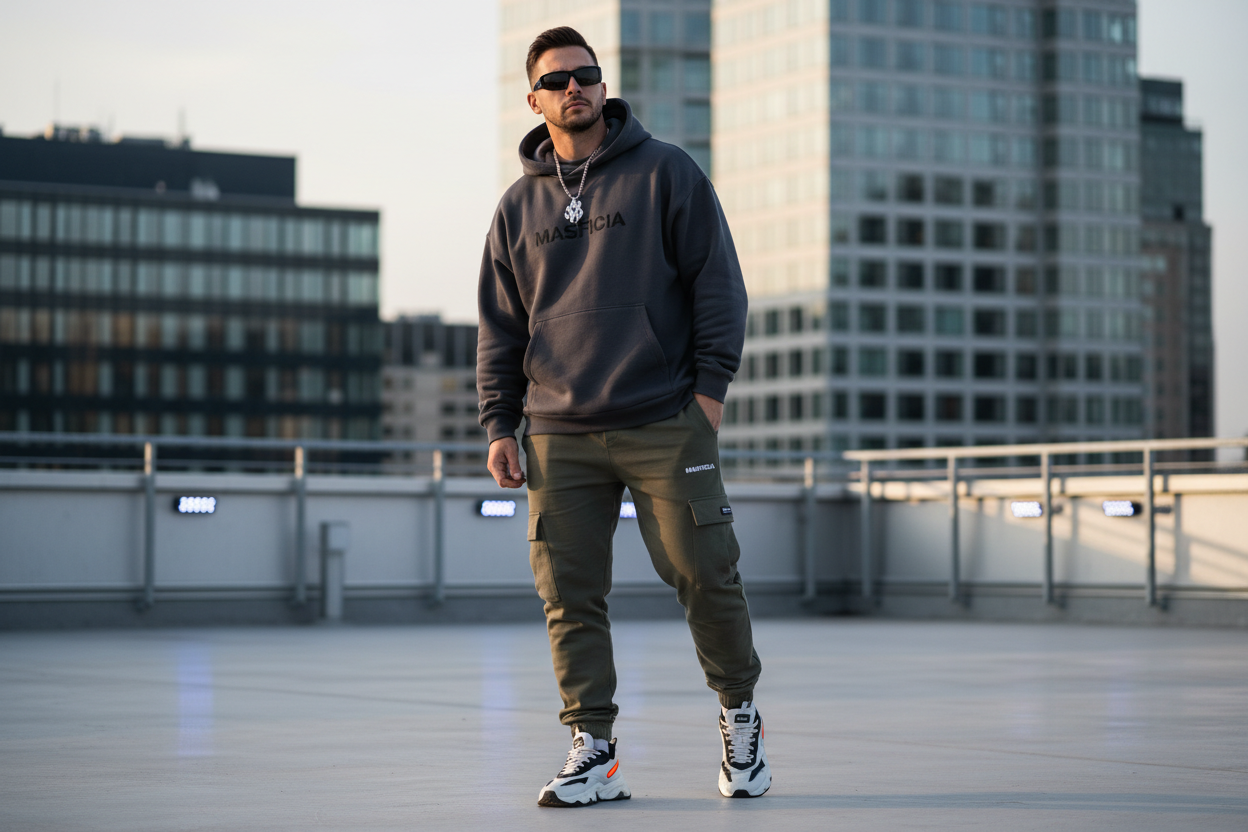 un gentman avec la collection masficia streetwear avec des lunettes 