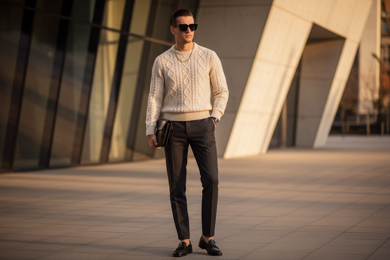 un homme portant un pull de luxe avec des lunettes de soleil